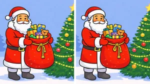 Тест на внимательность: найдите 3 отличия между двумя картинками Деда Мороза с мешком подарков