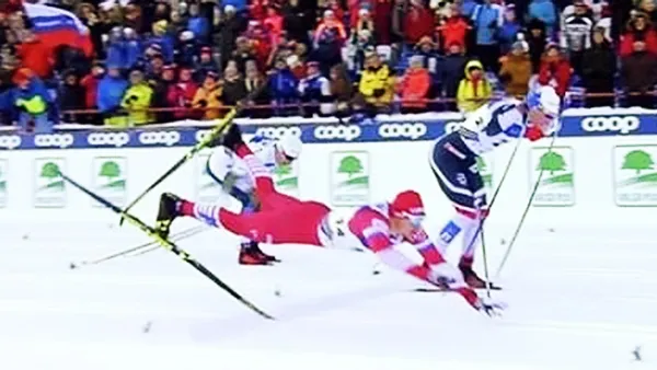 лыжник на финише со слезами радости